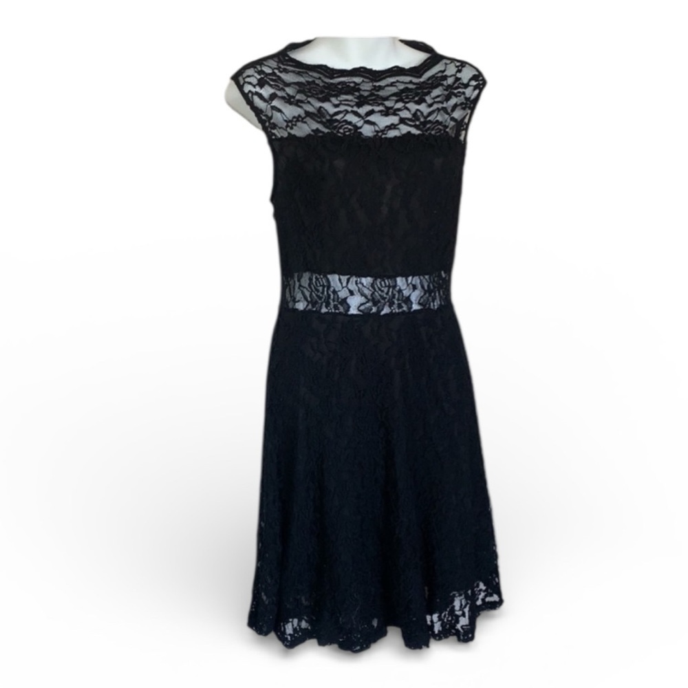 Iris LBD dress, Women's S, Black lace, sheer stretch lace top/middle, lined. EUC